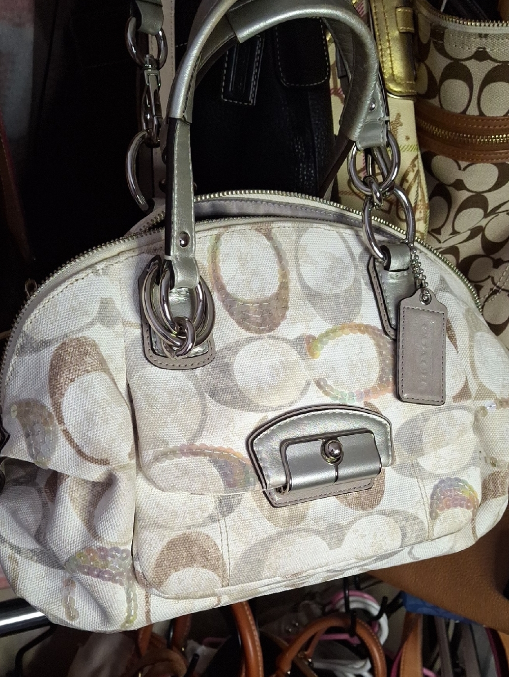 LN COACH KRISTIN SEQUINS SIGNATURE BEIGE SILVER 2 WAY MEDIUM SATCHEL